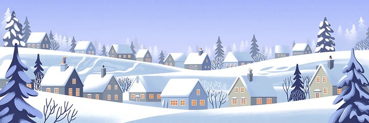 Cozy winter village nestled in snow-covered hills