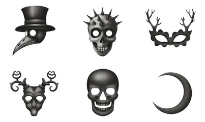 Delightful Gothic Mask Assortment in Blackwork Design on Transparent Background