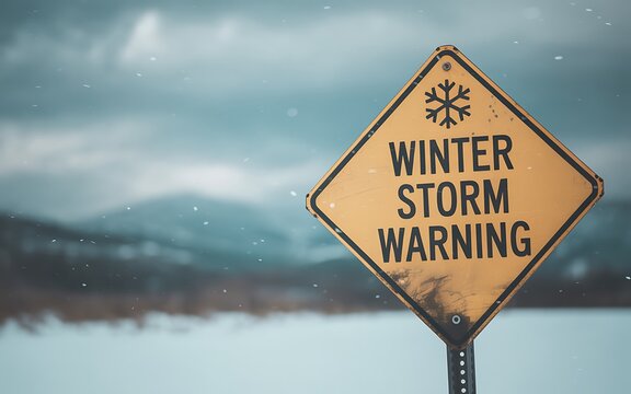 Winter storm warning sign in a snowy landscape