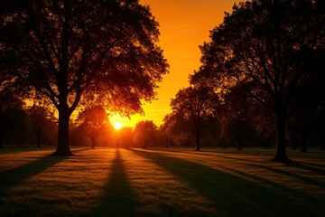 Park sunset with silhouettes of trees against bright orange sky, long shadows across the lawn.