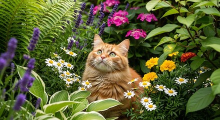 Orange cat peeks out from a lush garden filled with colorful flowers.