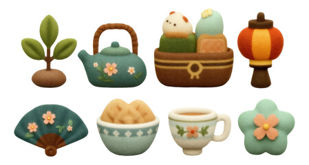 Soft Plush Spring Blossom Set Featuring Hanami-Themed Delights on Transparent Background