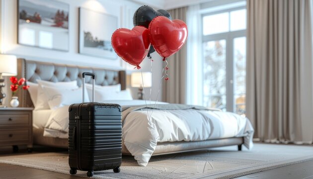 A black suitcase with red heart-shaped balloons, stylish hotel room for Valentine Day celebration - romantic getaways, couple holiday, february 14 promotion, anniversary, luxury travel concept