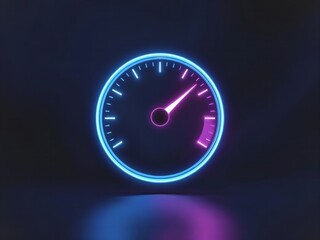 Neon speedometer glowing bright blue and pink in dark background