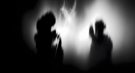 Mysterious silhouettes of two figures behind a hazy, glowing veil in a black and white abstract composition © Sowrav