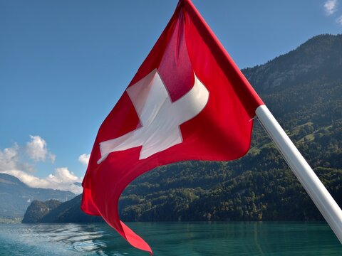 close-up view of the Swiss flag on a boat at Lake Brienz