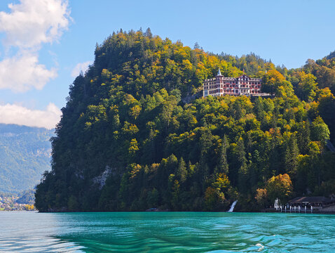 Brienz,Switzerland-Oct.1st 2025: Grandhotel Giessbach on a lush mountain slope by Lake Brienz