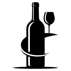 black wine bottle with black wine glass icon Silhouette vector style on white background