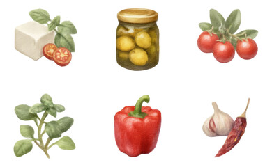 Mediterranean Pantry Essentials for Hyper-realistic Food Illustrations on Transparent Background