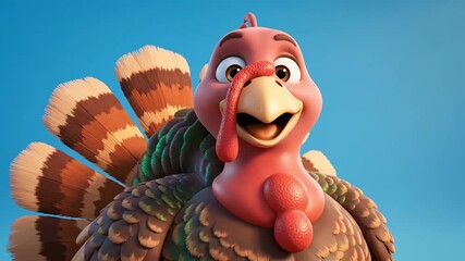 Friendly animated cartoon turkey with colorful feathers and a cheerful expression under a clear blue sky, perfect for Thanksgiving holiday content, children's education, and festive mascot animations.
