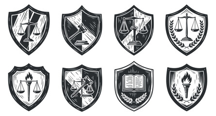 A collection of legal-themed shields featuring scales, gavel, book, and torch in black and white outline vector style, ideal for law firm branding or educational materials