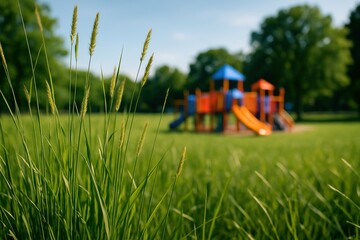 Close-up wide-angle view of tall grass in a park field with distant playground slightly blurred. 