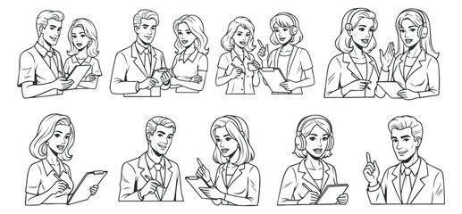 A collection of business professionals in line art vector style engaged in discussions and presentations, suitable for corporate branding and marketing materials