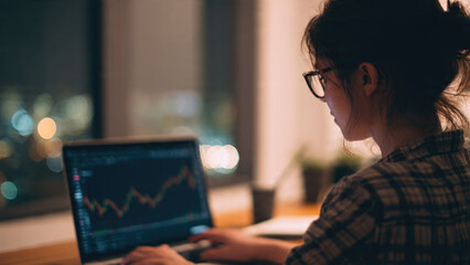 Woman Trading Stocks on Laptop at Night