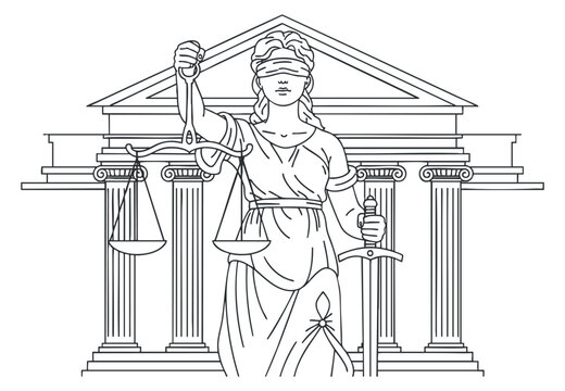 A depiction of Lady Justice holding scales and a sword in outline vector style, suitable for legal themes and justice-related projects