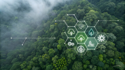 Smart sustainable forest technology with digital icons and connectivity on misty mountainside aerial view