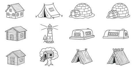 A collection of various shelters including houses, tents, igloos, and a lighthouse in black and white line art vector style, perfect for travel and outdoor themes