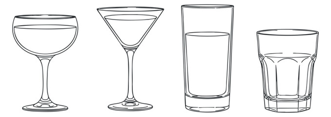 A collection of four different drink glasses in outline vector style, ideal for bar menus and beverage branding
