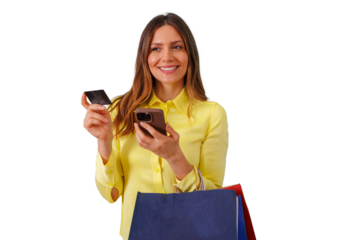 Woman holding credit card and mobile phone, shopping online with bags, transparent background
