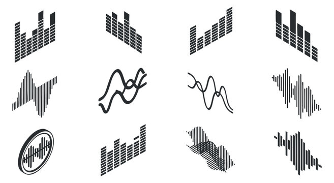A collection of sound wave and audio equalizer icons in minimalist black and white vector style, perfect for music and technology projects