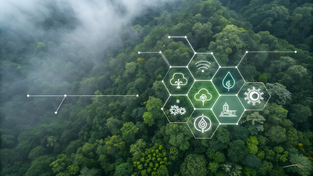 Smart sustainable forest technology with digital icons and connectivity on misty mountainside aerial view - Powered by Adobe