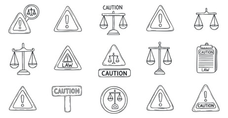 A collection of caution and law symbols including scales of justice and warning signs in outline vector style, suitable for legal and regulatory themes