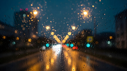 Blurry nighttime city street scene with raindrops on the windshield traffic lights and blurry buildings in the background