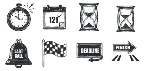A collection of time management icons including a clock, calendar, hourglasses, and deadline symbols in black and white vector style, ideal for productivity and planning projects