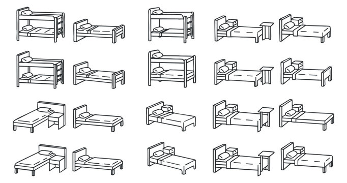 A collection of various bed designs including bunk beds, single beds, and double beds in minimalist outline vector style, ideal for interior design projects