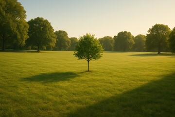 A simple sunlit field in a park with a lone small tree at center for minimalism.