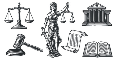 Justice and law symbols in black and white illustration style, vector illustration isolated on transparent background
