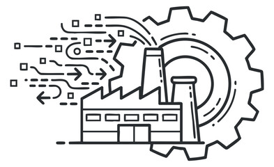 Obraz premium A factory building surrounded by gears and arrows in clean outline vector style, ideal for industrial design and technology projects