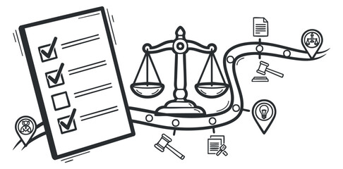 A checklist with checkmarks alongside a balanced scale of justice in black and white outline vector style, ideal for legal services and law firm branding