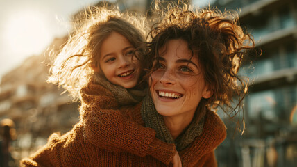 Mother and daughter share joyful moments during sunset at the beach