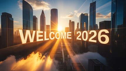 The dawn of a new year, with the words WELCOME 2026 illuminating against the backdrop of a futuristic cityscape.
