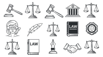 A collection of legal and justice icons including scales, gavel, law book, and handshake in black and white vector style, ideal for legal services branding