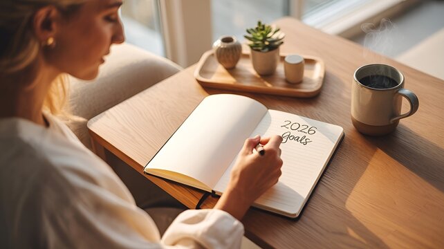A woman writing goals for 2026.