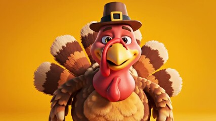 A cheerful 3D animated cartoon turkey wearing a pilgrim hat is smiling with wide-open wings on a vibrant orange background, ideal for Thanksgiving greetings, holiday promotions, and children's video
