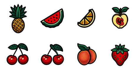 Retro Tattoo Fruit Collection with Bold Line Illustrations on Transparent Background