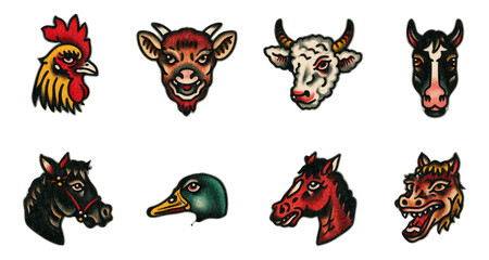 Retro Farm Animal Tattoo Illustrations on Transparent Background for Creative Projects