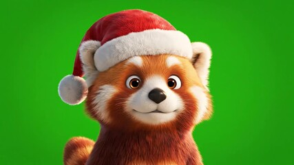 Cute animated red panda wearing a Santa hat against a plain teal background, smiling and looking friendly, perfect for festive holiday promotions, children's Christmas content, and cheerful seasonal 