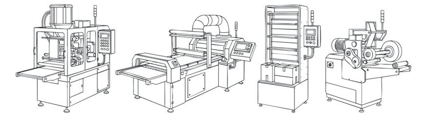 A collection of industrial machinery illustrations in outline vector style, suitable for engineering and manufacturing presentations