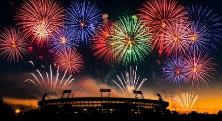 Colorful fireworks display lighting up the night sky above a large sports stadium silhouette during a championship victory celebration, new year or holiday event