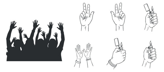 Fototapeta premium A collection of hand gestures including a cheering crowd silhouette and various hand signs in black and white vector style, ideal for social and event themes