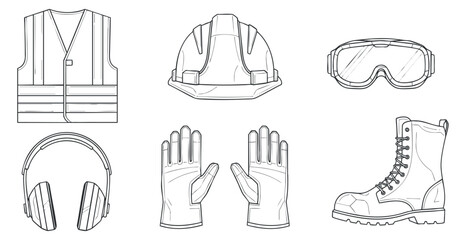 A collection of safety gear including a helmet, gloves, vest, headphones, goggles, and boots in outline vector style, suitable for industrial and construction themes