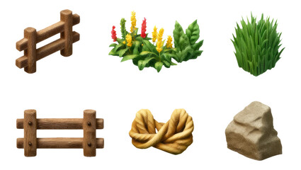 Retro Rustic Farm Objects with Fence, Meadow Elements and Isolated Background