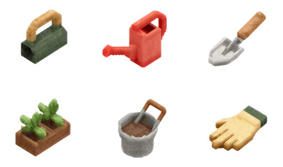 Collection of Rustic Garden Tools and Accessories on Transparent Background