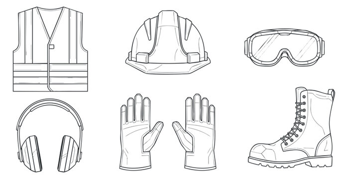 A collection of safety gear including a helmet, gloves, vest, headphones, goggles, and boots in outline vector style, suitable for industrial and construction themes