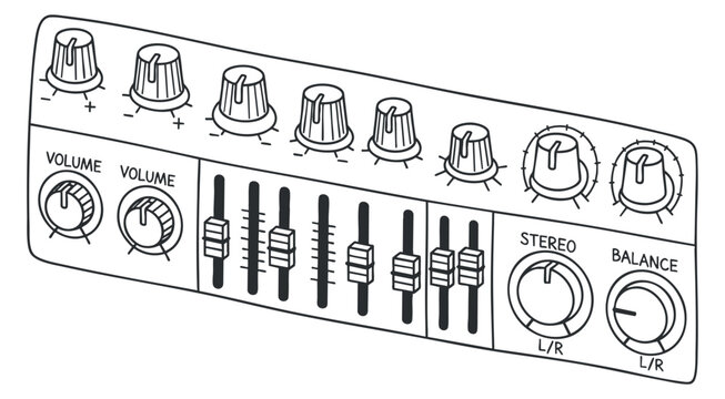 A graphic illustration of an audio mixer control panel with knobs and sliders in black and white minimalist vector style, suitable for music production and sound design projects
