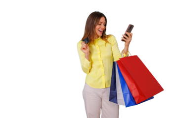 Woman online shopping with smartphone and credit card, holding shopping bags, happy about sale, transparent background